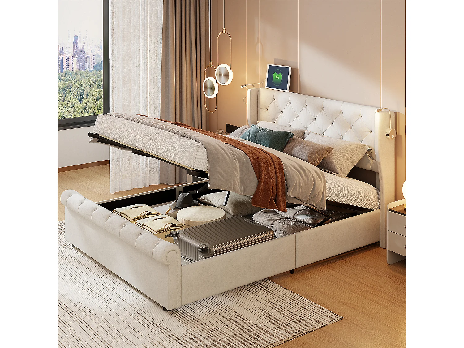 Opbergbed 160x200 cm - met nachtlampje en USB-poort - met hydraulische opbergruimte - fluweel - beige