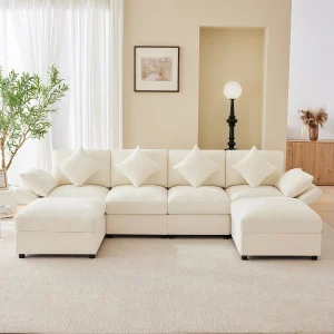 Bankstel voor 6 personen – 284 x 156,5 x 86 cm – met 2 voetenbanken + verstelbare armleuningen + 4 kussens + 2 hoofdsteunen – fluweel – beige Bankstel voor 6 personen – 284 x 156,5 x 86 cm – met 2 voetenbanken + verstelbare armleuningen + 4 kussens + 2 hoofdsteunen – fluweel – beige