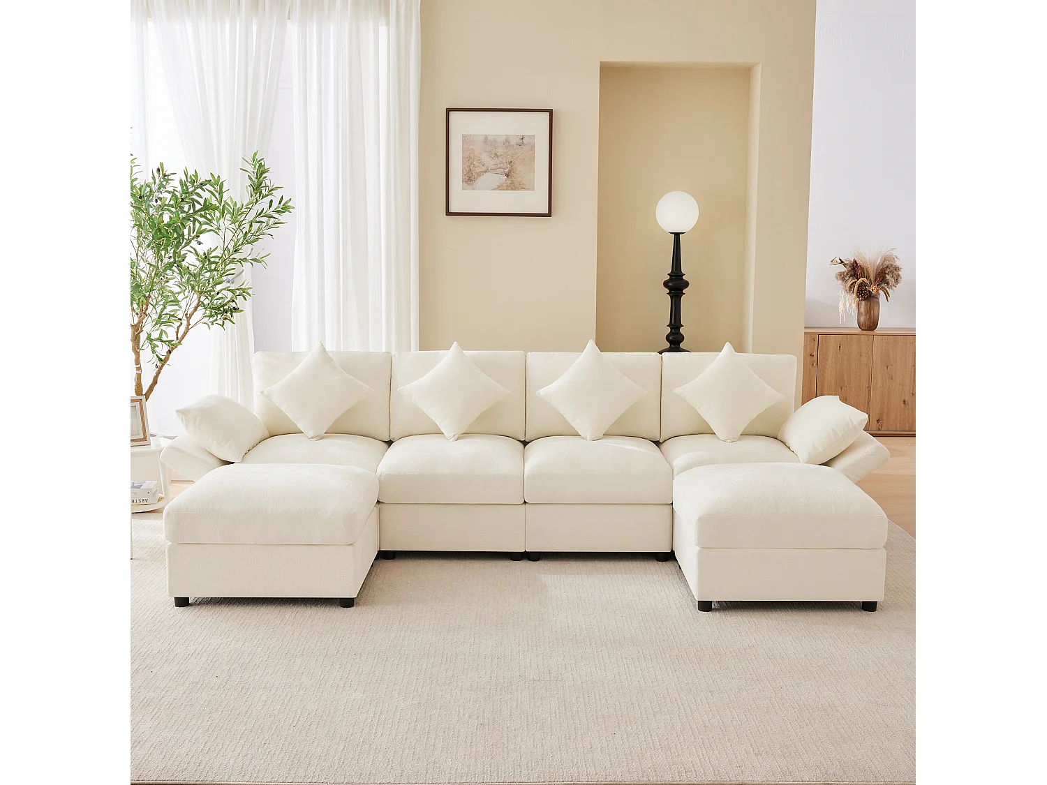 Bankstel voor 6 personen – 284 x 156,5 x 86 cm – met 2 voetenbanken + verstelbare armleuningen + 4 kussens + 2 hoofdsteunen – fluweel – beige