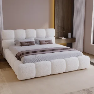 BESILIO Gestoffeerd bed 180×200 bouclé Boston – bed met opbergruimte en lattenbodem, modern opbergbed met dikke schuimvulling – Wit
