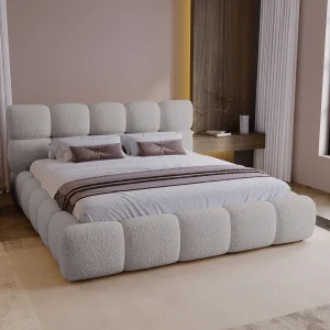 BESILIO Gestoffeerd bed 160×200 bouclé Boston – bed met opbergruimte en lattenbodem, modern opbergbed met dikke schuimvulling – Lichtgrijs