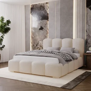 BESILIO Gestoffeerd bed 200×200 Fluffy – wolkenbed bouclé, bed met opbergruimte en lattenbodem, dikke schuimvulling, modern opbergbed slaapkamer – Beige