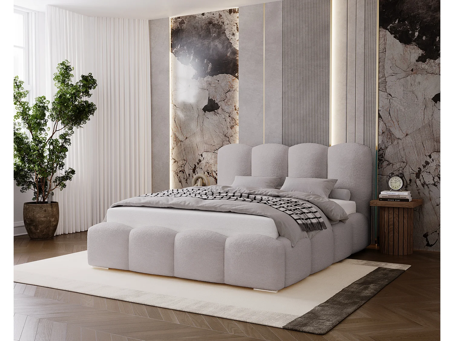 BESILIO Gestoffeerd bed 120x200 Fluffy – wolkenbed bouclé, bed met opbergruimte en lattenbodem, dikke schuimvulling, modern opbergbed slaapkamer – Lichtgrijs