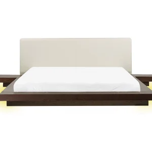 Bed met LED-verlichting Kunstleer ZEN 160 x 200 cm Donkere houtkleur