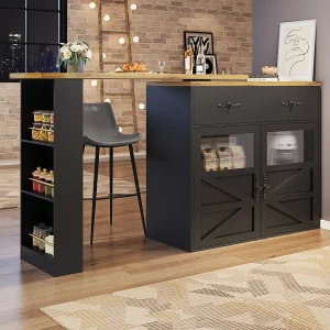 Bar dressoir – uitschuifbaar opbergmeubel met lades en 360° draaibaar, Zwart, 138-204x39x104 cm Bar dressoir – uitschuifbaar opbergmeubel met lades en 360° draaibaar, Zwart, 138-204x39x104 cm