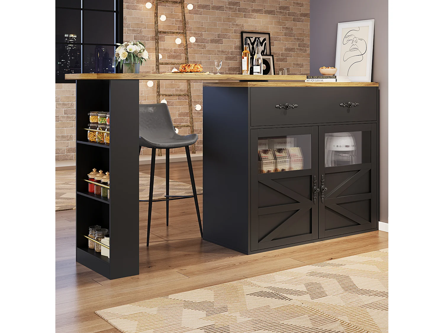 Bar dressoir – uitschuifbaar opbergmeubel met lades en 360° draaibaar, Zwart, 138-204x39x104 cm
