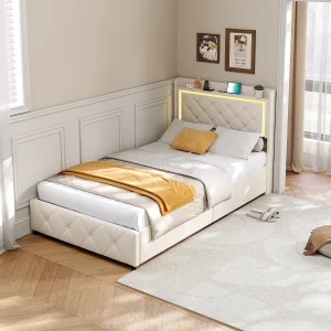 Bed van 90 x 200 cm met 2 lades, opbergvak met ledverlichting en oplaadpoort, lattenbodem, beige Bed van 90 x 200 cm met 2 lades, opbergvak met ledverlichting en oplaadpoort, lattenbodem, beige