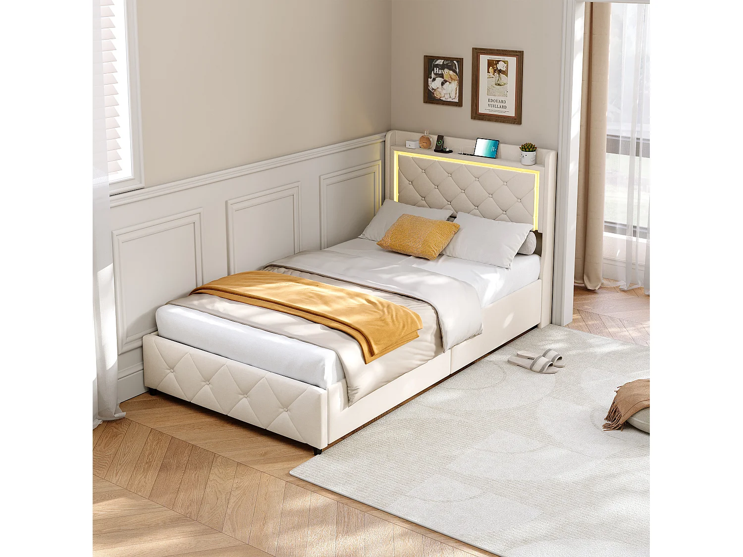 Bed van 90 x 200 cm met 2 lades, opbergvak met ledverlichting en oplaadpoort, lattenbodem, beige