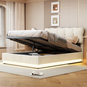 Bed van 140 x 200 cm met opbergruimte onder de lattenbodem, ledverlichting, lattenbodem, matras niet inbegrepen, fluweel, beige Bed van 140 x 200 cm met opbergruimte onder de lattenbodem, ledverlichting, lattenbodem, matras niet inbegrepen, fluweel, beige