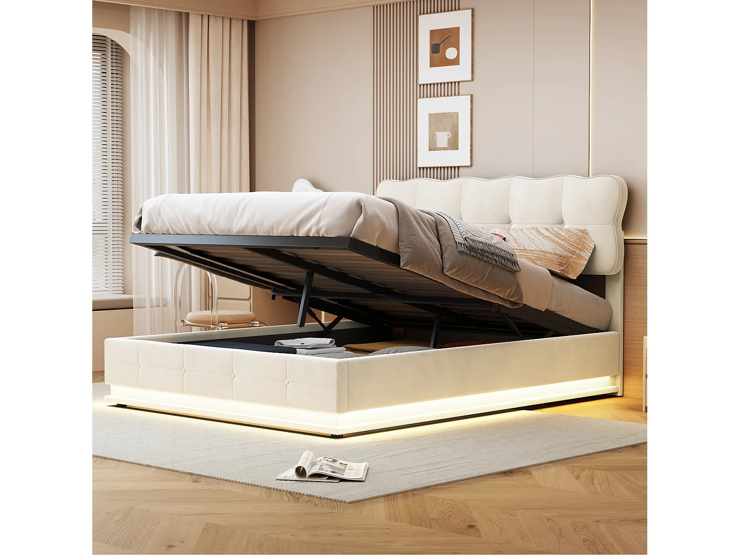 Bed van 140 x 200 cm met opbergruimte onder de lattenbodem, ledverlichting, lattenbodem, matras niet inbegrepen, fluweel, beige