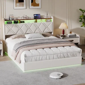 Bed 160×200 cm met opbergruimte onder lattenbodem, LED-hoofdeinde, USB-C opladen, zachte beige stof en modern design Bed 160×200 cm met opbergruimte onder lattenbodem, LED-hoofdeinde, USB-C opladen, zachte beige stof en modern design