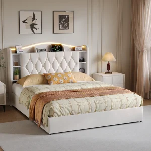 Beige fluwelen opbergbed 140×200 cm met LED-hoofdeinde, USB/Type-C en geïntegreerde opbergruimte, eigentijds design Beige fluwelen opbergbed 140×200 cm met LED-hoofdeinde, USB/Type-C en geïntegreerde opbergruimte, eigentijds design