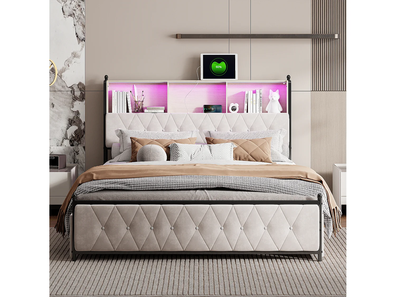 Bed 180x200 cm met muzikaal LED-hoofdeinde, 4 opberglades en USB/Type-C poorten – Hedendaags beige design