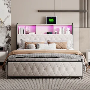 Bed 140×200 cm met muzikaal LED-hoofdeinde, 4 opberglades en USB-poorten, eigentijds beige design Bed 140×200 cm met muzikaal LED-hoofdeinde, 4 opberglades en USB-poorten, eigentijds beige design