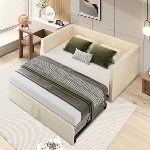 Beige fluwelen inklapbare slaapbank 90-180×200 cm, modern design, robuust, zonder opbergruimte, voor volwassenen en kinderen Beige fluwelen inklapbare slaapbank 90-180×200 cm, modern design, robuust, zonder opbergruimte, voor volwassenen en kinderen