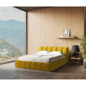 Bed met opbergruimte 200 x 228 – chenille stof – mosterd – ROMA Bed met opbergruimte 200 x 228 – chenille stof – mosterd – ROMA