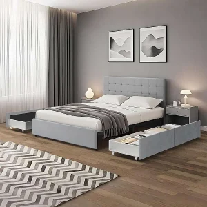 Bed met lades en gecapitonneerd hoofdbord – slaapmaat 160×200 cm – grijs fluweel – lattenbodem inbegrepen – ELLIE Bed met lades en gecapitonneerd hoofdbord – slaapmaat 160×200 cm – grijs fluweel – lattenbodem inbegrepen – ELLIE