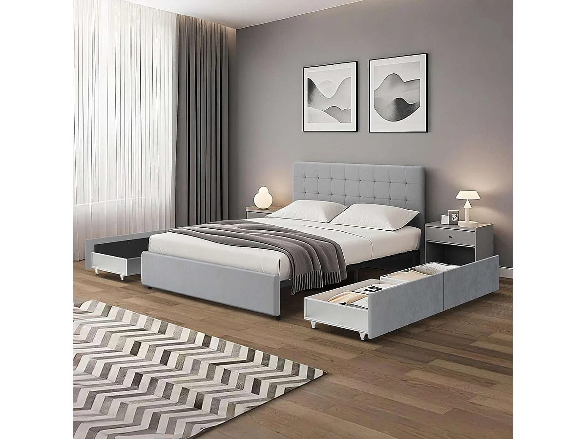 Bed met lades en gecapitonneerd hoofdbord – slaapmaat 160x200 cm – grijs fluweel – lattenbodem inbegrepen – ELLIE