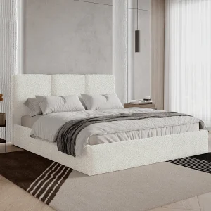BESILIO Gestoffeerd bed 200×200 Mira bouclé – bed met opbergruimte en houten lattenbodem, modern opbergbed slaapkamer, bouclé stof – Crème