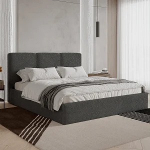 BESILIO Gestoffeerd bed 140×200 Mira bouclé – bed met opbergruimte en houten lattenbodem, modern opbergbed slaapkamer, bouclé stof – Gris