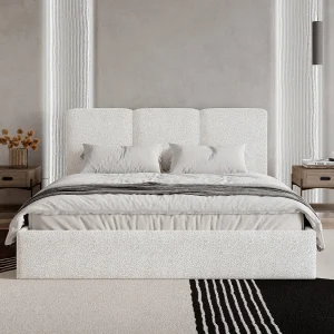 BESILIO Gestoffeerd bed 140×200 Mira bouclé – bed met opbergruimte en houten lattenbodem, modern opbergbed slaapkamer, bouclé stof – Wit