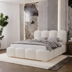 BESILIO Gestoffeerd bed 180×200 Fluffy – wolkenbed bouclé, bed met opbergruimte en lattenbodem, dikke schuimvulling, modern opbergbed slaapkamer – Crème