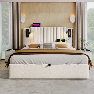 Bed 160×200 cm, tweepersoonsbed met opbergruimte, leeslamp met USB, verstelbare hoofdbord