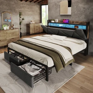 Bed met opbergkop, USB Type C oplaadfunctie, LED-verlichting, 140×200 cm, grijs, metalen frame Bed met opbergkop, USB Type C oplaadfunctie, LED-verlichting, 140×200 cm, grijs, metalen frame