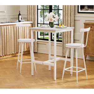 Bartafelset van 60×60 cm met 2 barkrukken, hout en wit metaal Bartafelset van 60×60 cm met 2 barkrukken, hout en wit metaal