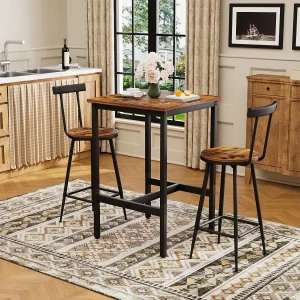 Bartafelset 60×60 cm met 2 barkrukken, rustiek bruin hout en zwart metaal Bartafelset 60×60 cm met 2 barkrukken, rustiek bruin hout en zwart metaal