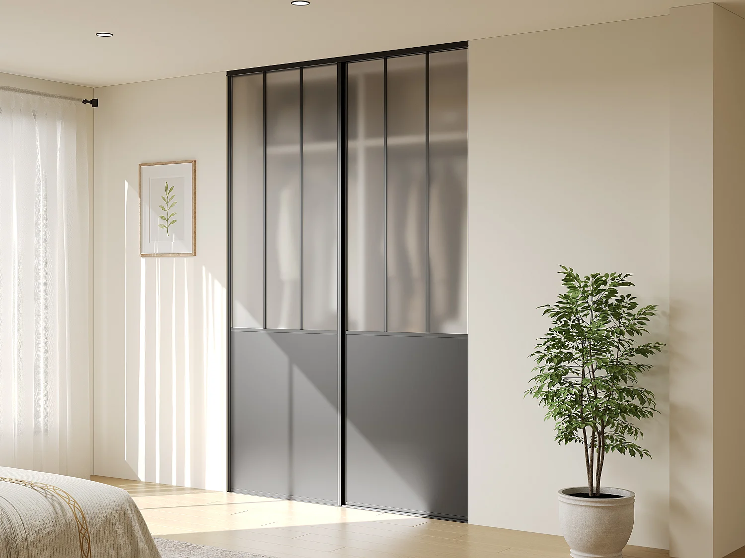 Schuifdeuren voor kast in zwart staal en gehard matglas H250 x B150 cm - BELASI