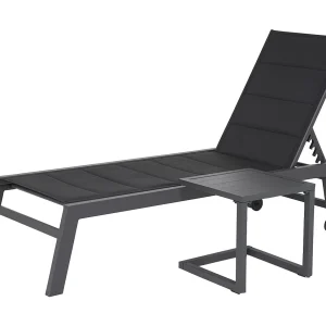 BARBADOS ligstoel en bijzettafel set in zwart textilene – antraciet grijs aluminium BARBADOS ligstoel en bijzettafel set in zwart textilene – antraciet grijs aluminium