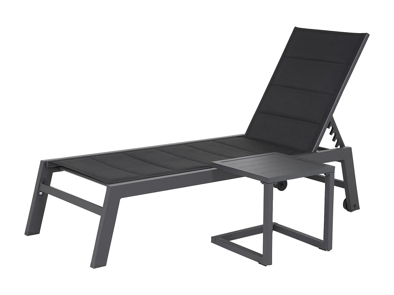 BARBADOS ligstoel en bijzettafel set in zwart textilene – antraciet grijs aluminium