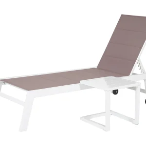 BARBADOS ligstoel en bijzettafel in taupe textilene – wit aluminium BARBADOS ligstoel en bijzettafel in taupe textilene – wit aluminium