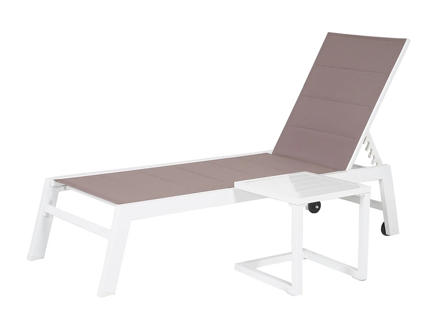 BARBADOS ligstoel en bijzettafel in taupe textilene – wit aluminium