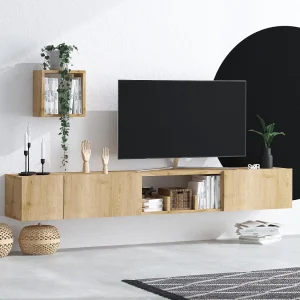 "Avior" Houten TV-standaard met wandplank – Beige, 180 x 32 x 25 cm, 4 planken, 3 deuren