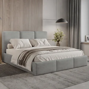 BESILIO Gestoffeerd bed met opbergruimte 140×200 Elora – slank bed met decoratief hoofdbord en metalen frame – Grijs BESILIO Gestoffeerd bed met opbergruimte 140×200 Elora – slank bed met decoratief hoofdbord en metalen frame – Grijs