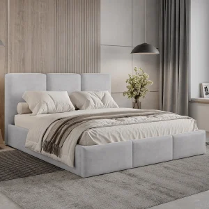 BESILIO Gestoffeerd bed met opbergruimte 160×200 Elora – slank bed met decoratief hoofdbord en metalen frame – Lichtgrijs BESILIO Gestoffeerd bed met opbergruimte 160×200 Elora – slank bed met decoratief hoofdbord en metalen frame – Lichtgrijs