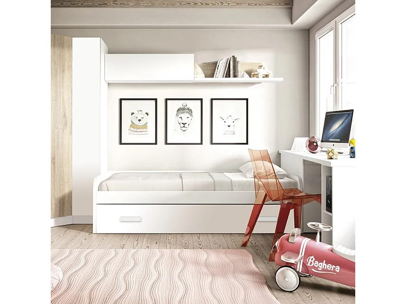 Bed + hefbaar onderschuifbed spaanplaat wit met lattenbodem 105/90 cm
