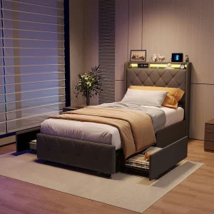 Bed van 90×200 cm met 2 lades, ledverlichting, opbergkastjes, open scheidingswanden, lattenbodem, USB- en Type-C-opladers – Grijs Bed van 90×200 cm met 2 lades, ledverlichting, opbergkastjes, open scheidingswanden, lattenbodem, USB- en Type-C-opladers – Grijs