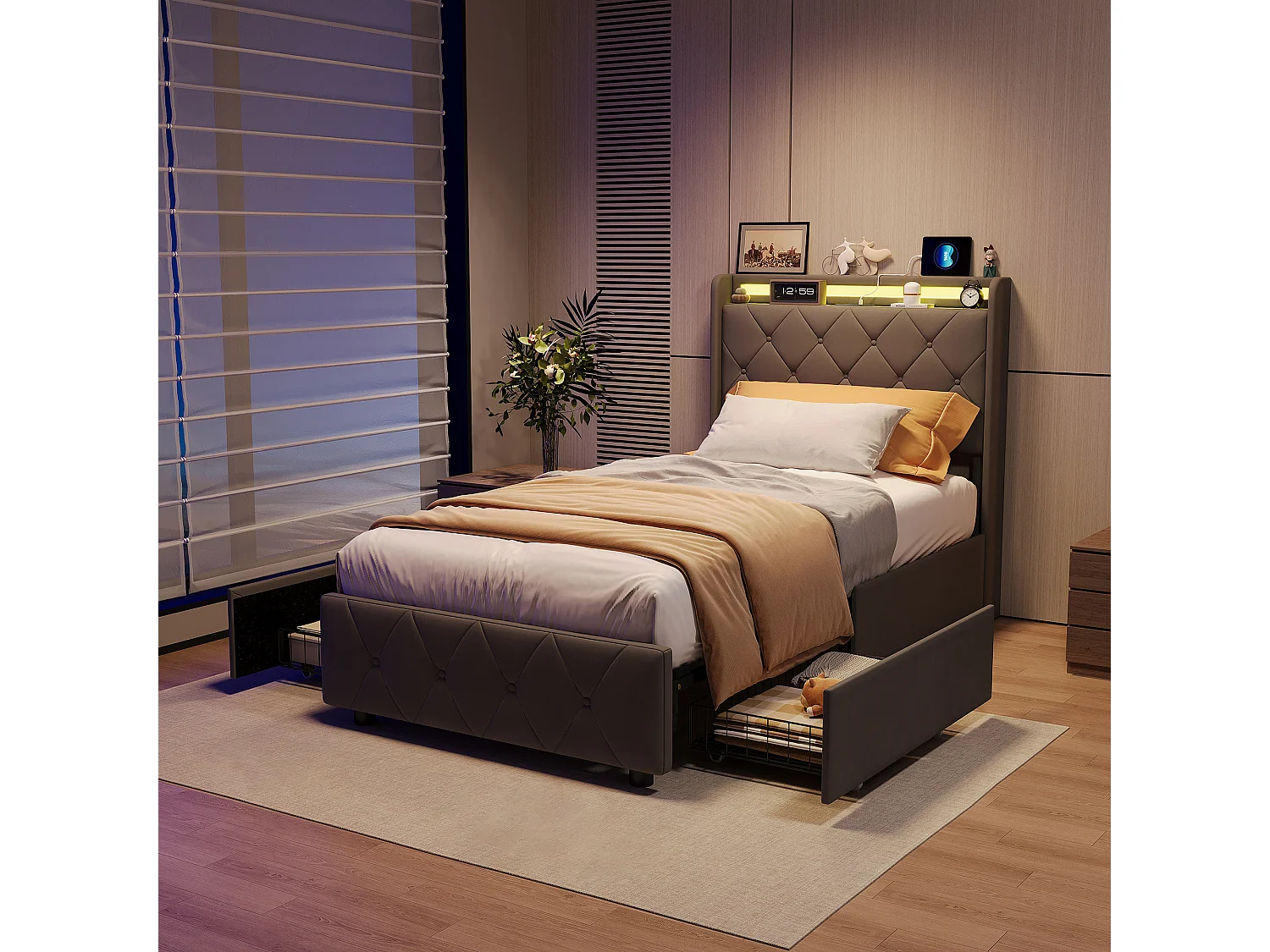 Bed van 90x200 cm met 2 lades, ledverlichting, opbergkastjes, open scheidingswanden, lattenbodem, USB- en Type-C-opladers - Grijs