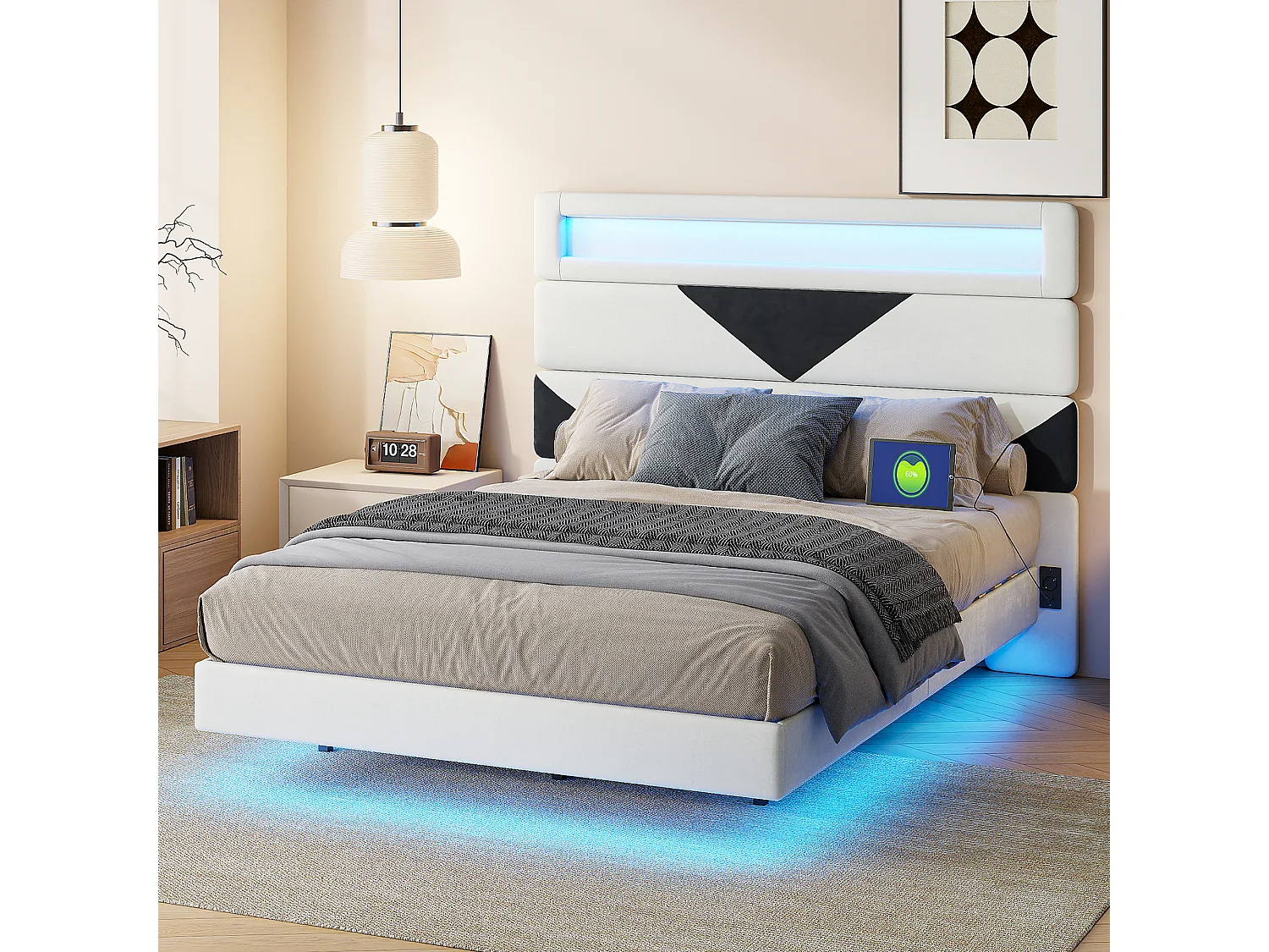 Bed 140x200 cm, MDF, met USB en LED-verlichting, Volwassen bed - Wit+zwart