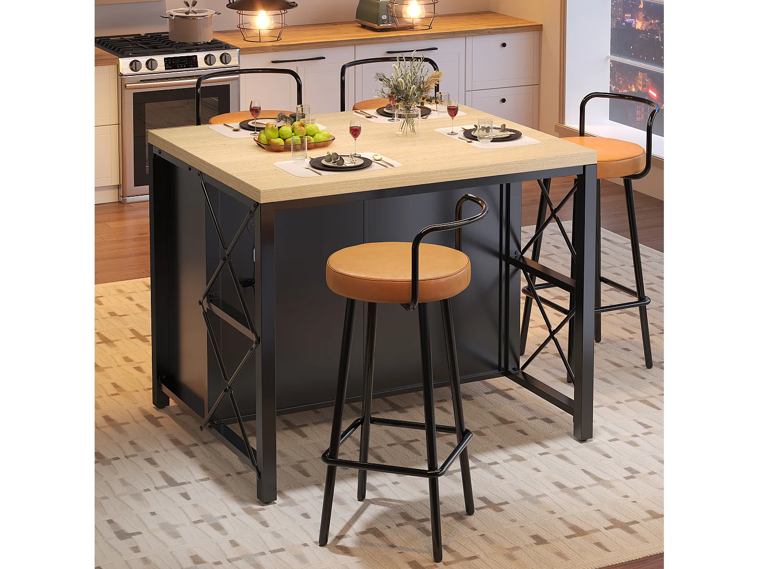 Bartafel en barkrukken set (5-delig) - bartafel met LED-verlichting + lades + 4 barkrukken - MDF - zwart