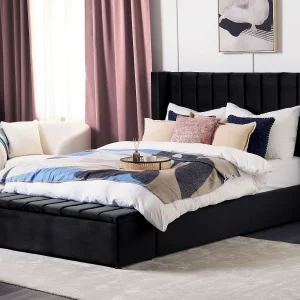 Bed met opbergbankje Fluweel NOYERS 180 x 200 cm Zwart Bed met opbergbankje Fluweel NOYERS 180 x 200 cm Zwart