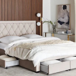 Bed met opbergladen Fluweel LIEVIN 160 x 200 cm Beige Bed met opbergladen Fluweel LIEVIN 160 x 200 cm Beige