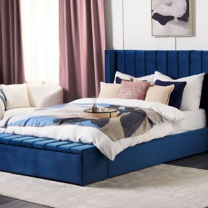 Bed met opbergbankje Fluweel NOYERS 160 x 200 cm Marineblauw Bed met opbergbankje Fluweel NOYERS 160 x 200 cm Marineblauw