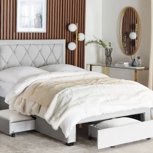 Bed met opbergladen Fluweel LIEVIN 140 x 200 cm Lichtgrijs Bed met opbergladen Fluweel LIEVIN 140 x 200 cm Lichtgrijs