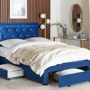 Bed met opbergladen Fluweel LIEVIN 140 x 200 cm Marineblauw Bed met opbergladen Fluweel LIEVIN 140 x 200 cm Marineblauw