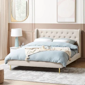 Bed Fluweel FORBACH 140 x 200 cm Beige