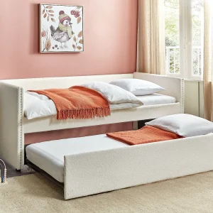 Bed met lattenbodem TROYES 90 x 200 cm Bouclé Lichtbeige Bed met lattenbodem TROYES 90 x 200 cm Bouclé Lichtbeige